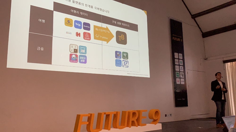 지난 4일 오후 KB국민카드가 주관하고 더인벤션랩이 운영하는 퓨처나인 3기 데모데이가 개최됐다. 트립비토즈 정지하 대표가 KB국민카드와 트립비토즈의 대표적인 협업 성공사례인 자유여행 플랫폼 ‘TTBB’(Trip Travel Better Beyond)를 소개하고 있다. / 사진 = 트립비토즈