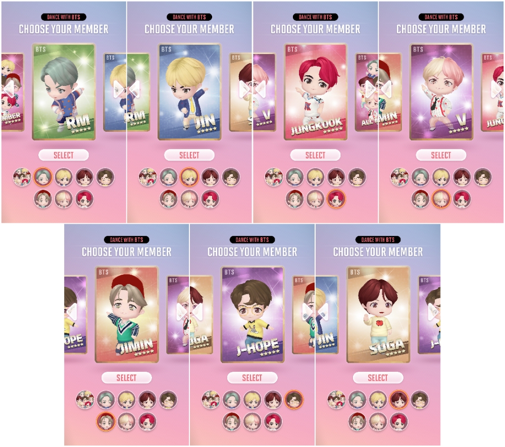 방탄소년단 AR 신규 콘텐츠 속 멤버들의 캐릭터 이미지/사진=오승혁 기자(애니펜 자료 편집)