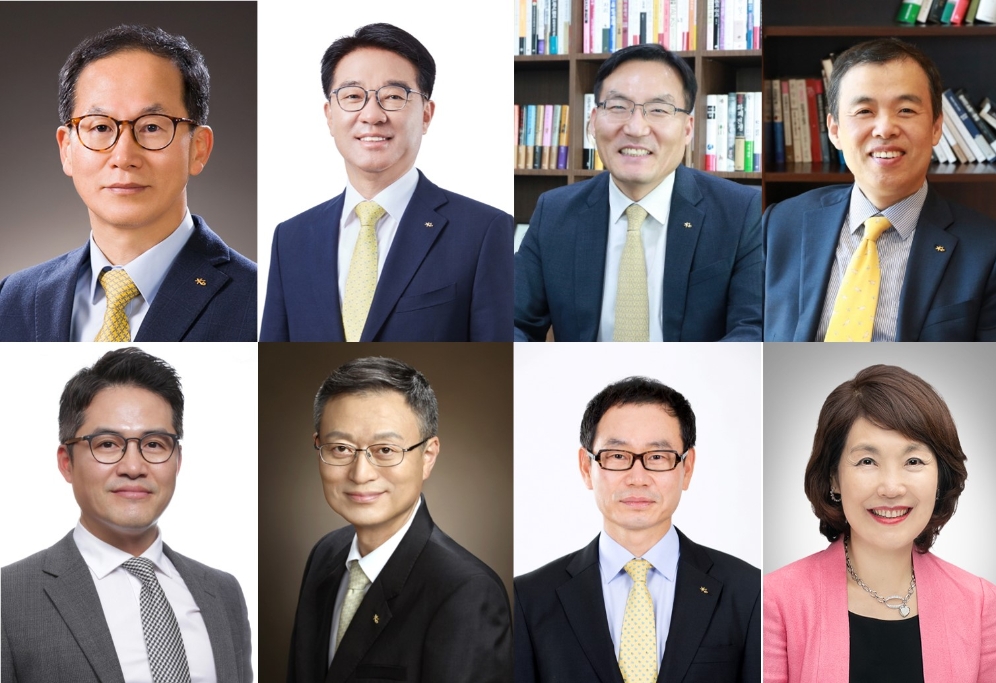(왼쪽부터 시계방향으로) 양종희 KB손해보험 대표, 이동철 KB국민카드 대표, 이현승 KB자산운용 대표, 조재민 KB자산운용 대표, 김해경 KB신용정보 대표, 허정수 KB생명 대표, 신홍섭 KB저축은행 대표, 김종필 KB인베스트먼트 대표./사진=KB금융지주