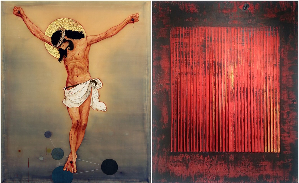 ▲박초현, 다 이루었도다, 227.3×181.8cm, 비단위에 채색. 금박. 석채, 2019, 2,500만원(좌)▲박초현, Pneuma_Shining ones, 91×116.5㎝, 캔버스에 알루미늄. 커팅. 유화. 분채, 2019, 600만원 (우)