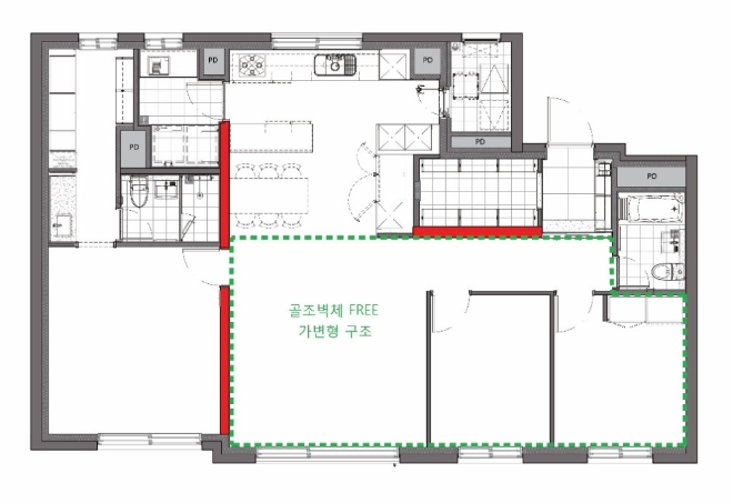전용면적 84㎡ C2 HOUSE 평면. 붉은색으로 표현된 3개의 내력 벽을 T자 형태로 배치해 내부 평면을 다양하게 연출할 수 있다. 제공=대림산업