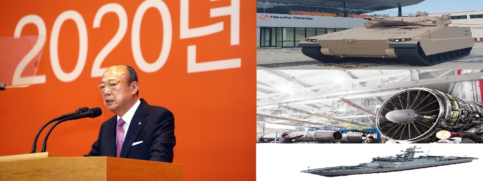 (좌측) 김승연 한화그룹 회장 (우측 상단) 한화디펜스 레드백 장갑차, (우측 중앙) 한화에어로스페이스의 경남 창원공장 (우측 하단) 해군 차기고속정 PKX-B 이미지/사진=오승혁 기자