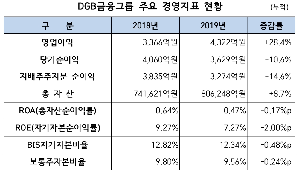 △ DGB금융그룹의 2019년 주요 경영지표. /사진=DGB금융