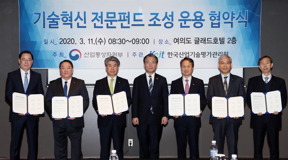 △ 윤종원 IBK기업은행장과 성윤모 산업부장관, 진옥동 신한은행장(왼쪽 세 번째부터). /사진=신한은행