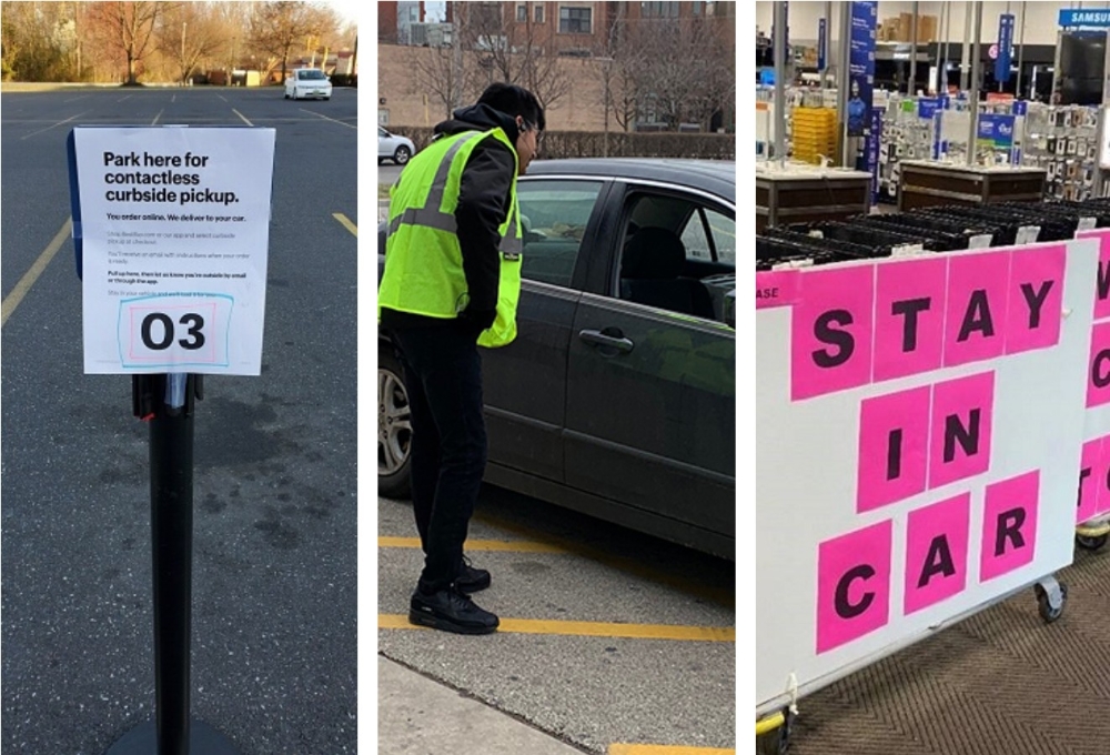 베스트바이가 매장 주차장에서 물품 수령과 매장이 아닌 차에 있을 것을 안내하는 문구들의 모습/사진=베스트바이 블로그