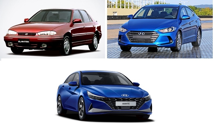 (왼쪽 위부터 시계방향) 1990년 1세대 엘란트라, 2015년 6세대 아반떼AD, 2020년 7세대 아반떼. 사진=현대차.