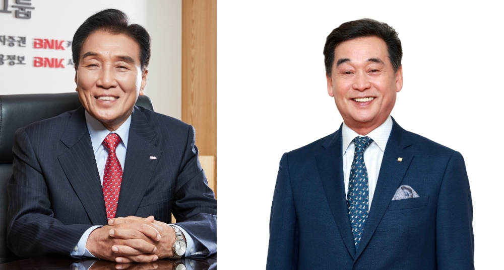 △ 김지완 BNK금융그룹 회장(왼쪽)과 김기홍 JB금융그룹 회장(오른쪽). /사진=각사