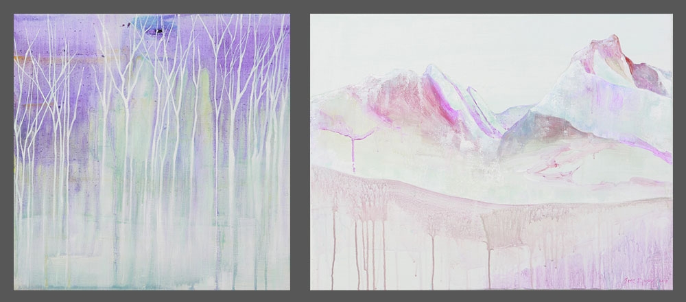 좌) BLUE FEBRUARY_B, 45x45cm,Acrylic on canvas,2019 / 우)정지원 作 WHITE NOISE, 50.0x65.1cm, Acrylic on canvas,2020