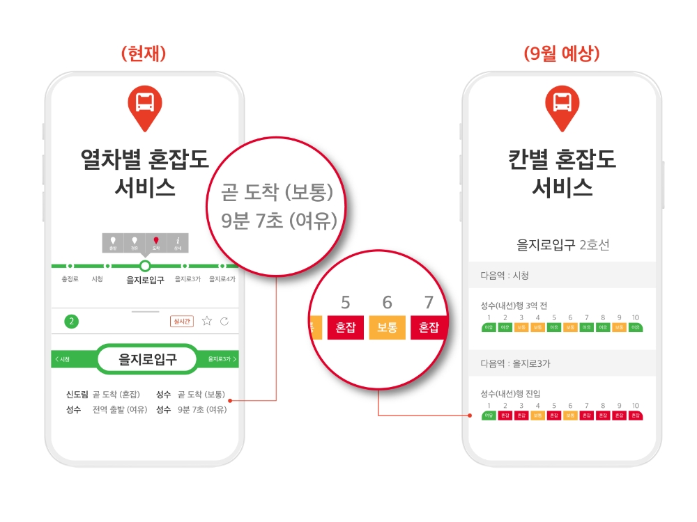 'T맵 대중교통' 앱의 칸별 혼잡도 서비스 예상 인포그래픽/사진=SK텔레콤