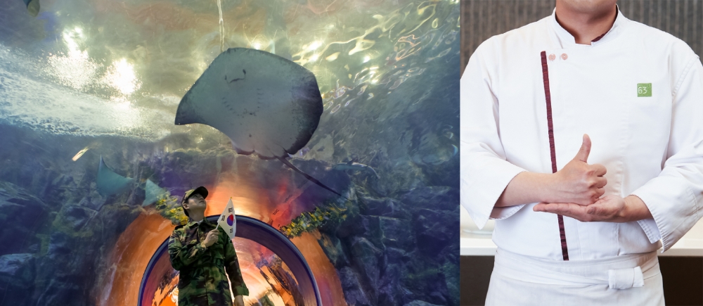 (좌측) 한화 아쿠아플라넷 여수에 방문한 군인 모습 (우측) 63레스토랑 파빌리온 관계자가 순국선열에게 '덕분에' 수화를 하고 있다/사진=한화호텔앤드리조트