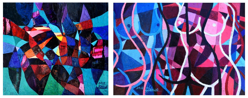 (좌)2019.보헤미안 랩소디. 하드보드에 유화/ (우) 2018. 누드 콤포지션. 23x32cm. 하드보드에 유화