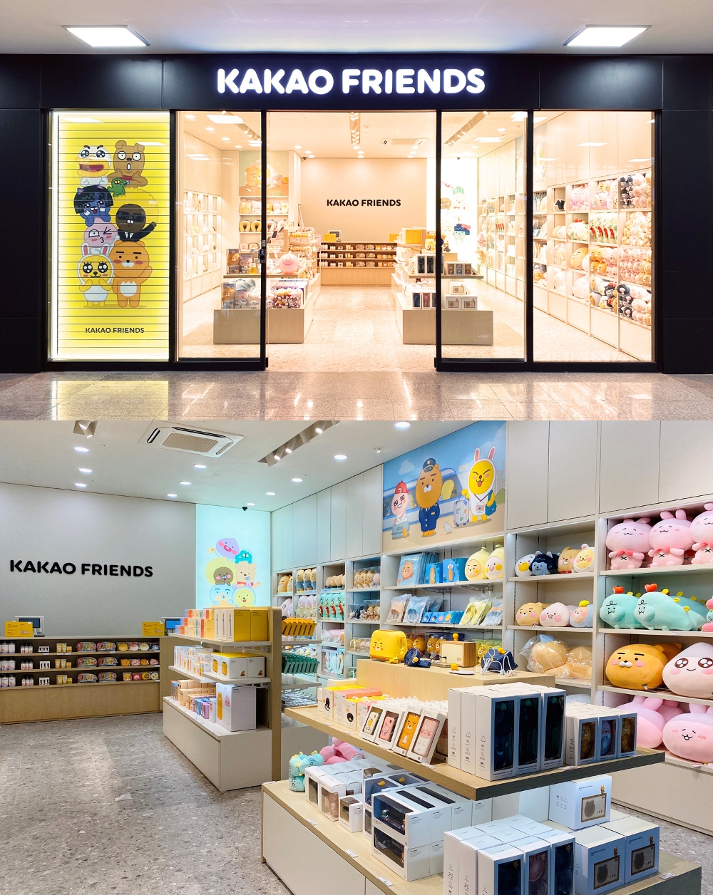 (상단) 카카오프렌즈 부산역 매장 전경 (하단) 카카오프렌즈 부산역 내부 모습/사진=카카오IX