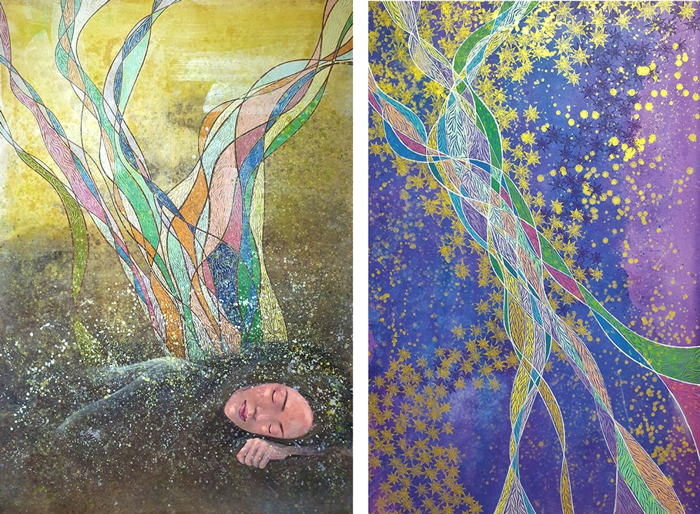 좌)이현진, 결_아직도 꿈, 50호P, 한지에 옻칠, 우)이현진, 결_온누리에, 40호p