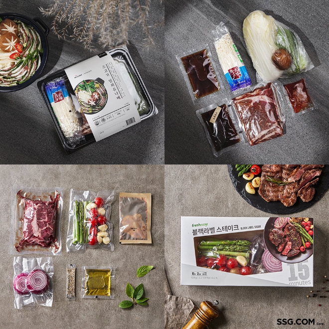 SSG닷컴에서 판매 중인 밀키트 상품. 위쪽부터 소고기 밀푀유 나베, 블랙라벨 스테이크. / 사진 = SSG닷컴