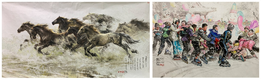 좌) 김동환,군마도,260 ×135㎝,2020, 우) 김동환,복받은 아이동이(복받은 아이들의 웃음소리),181×131㎝,2019