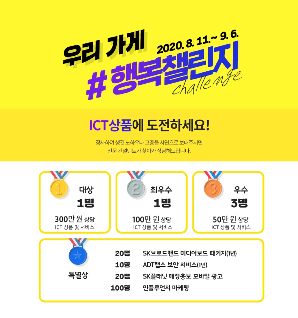 SK텔레콤이 11일부터 코로나19 장기화로 어려움을 겪고 있는 소상공인을 대상으로 사연을 공모해 5G·인공지능 등이 접목된 최신 정보통신기술(ICT) 서비스를 지원하는 ‘우리가게 행복챌린지’를 개최한다고 밝혔다./사진=SK텔레콤