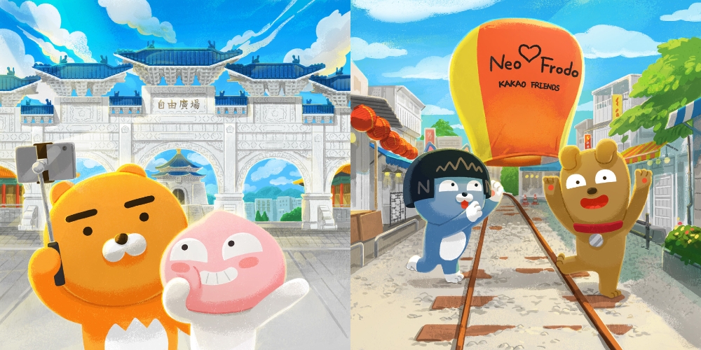 (좌측) 타이베이 자유광장 앞에서 셀피를 찍는 라이언과 어피치, (우측) 풍등을 날리는 네오, 프로도/사진=카카오프렌즈