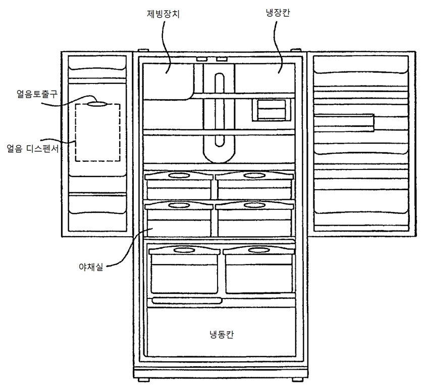 LG 프렌치도어 냉장고 상단의 냉장실 안에 제빙장치를 탑재해 얼음을 만드는 ‘본체 제빙’ 기술의 특허 도면./사진=LG전자