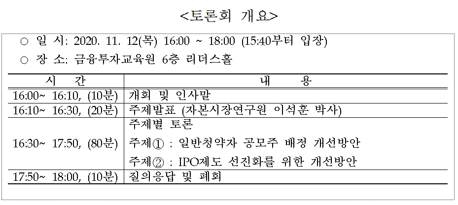 IPO 토론회 개요 / 자료= 금융투자협회(2020.11.10)