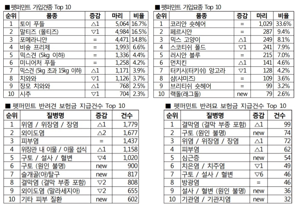 메리츠화재가 분석한 가입견종, 가입묘종 탑10과 보험금 지급건수 탑10/사진=메리츠화재 자료 편집
