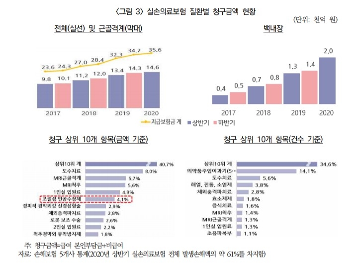 실손의료보험 질환별 청구금액 현황과 청구 상위 10개 항목(금액, 건수 기준)표/사진=보험연구원 