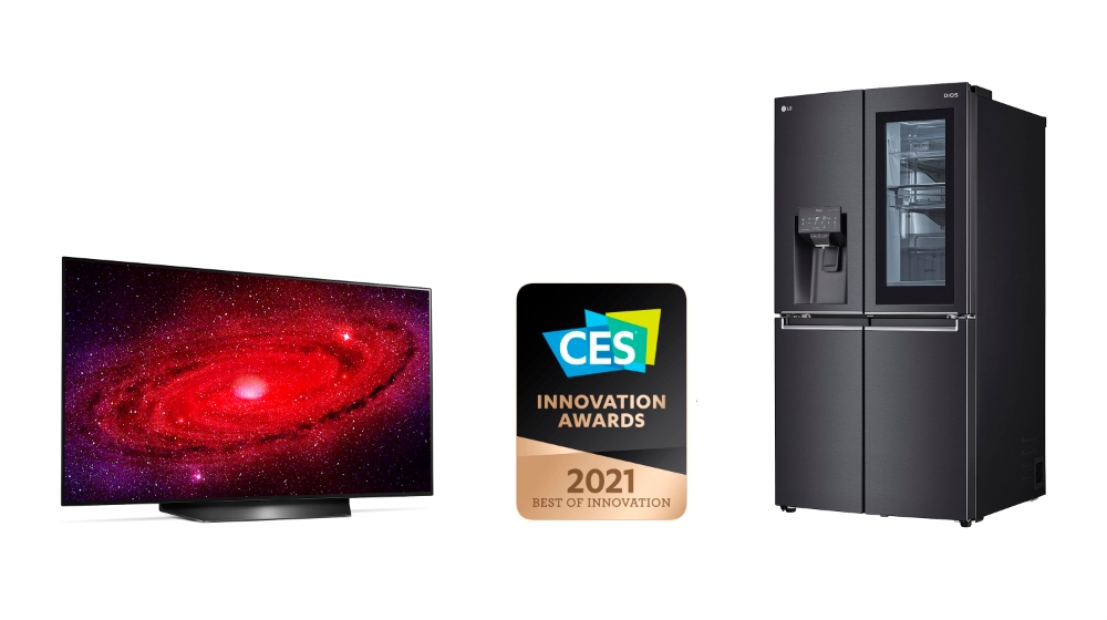 LG전자가 내년 초 열리는 세계 최대 IT 전시회 CES2021 개막을 앞두고 최고 혁신상 2개를 포함해 역대 최다인 총 24개 CES 혁신상을 수상했다. (왼쪽부터) CES 최고 혁신상을 받은 48형 LG 올레드 TV와 음성인식 인스타뷰 냉장고. 사진=LG전자