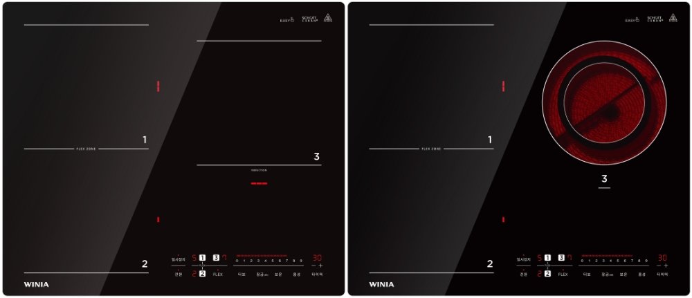 위니아 ‘Easy’ 전기레인지 3구 인덕션(왼쪽), 3구 하이브리드(오른쪽). 사진=위니아딤채