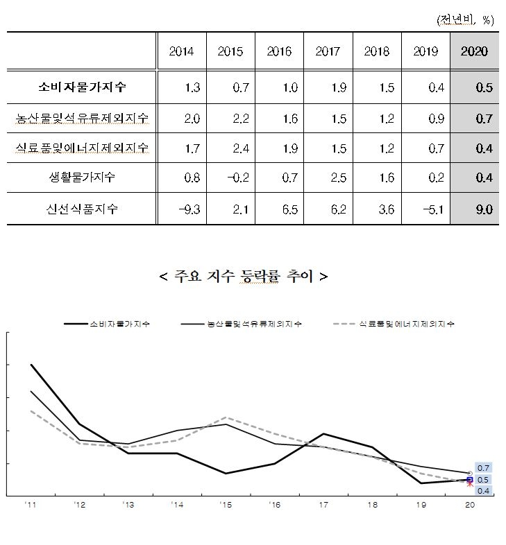 2020년 연간 소비자물가 전년비 0.5% 상승, 작년(0.4%)대비 0.1%p 올라 (종합)