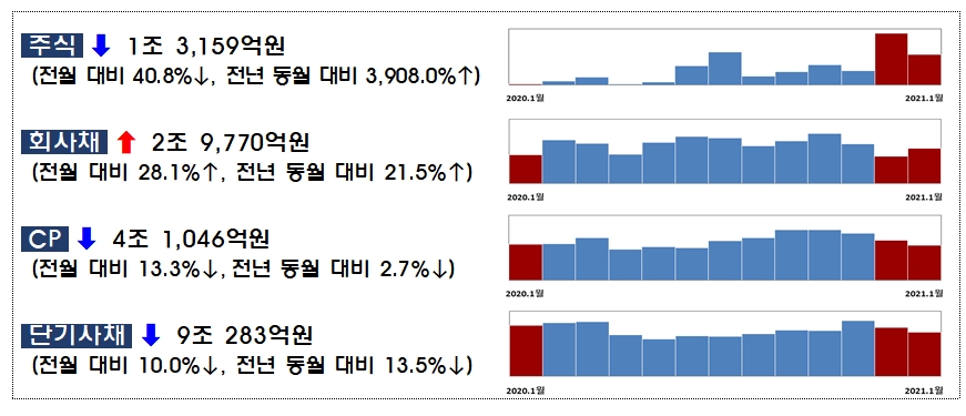 2021년 1월중 기업의 직접금융 조달실적 / 자료= 금융감독원(2021.02.23)