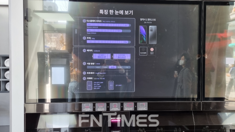 LG 윙 모델과 갤럭시Z폴드2를 사이니지에 올려 놓았더니, 화면에 두 모델의 특징을 간단하게 비교해준다. 사진=정은경 기자