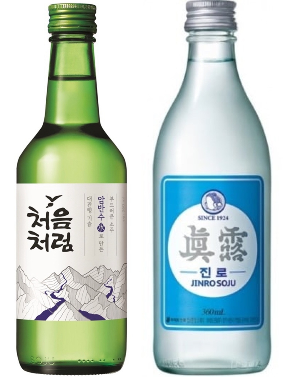 도수를 낮춘 국내 소주 2종 모습. 왼쪽부터 롯데주류의 처음처럼, 하이트진로음료의 진로소주 / 사진제공 = 각 사