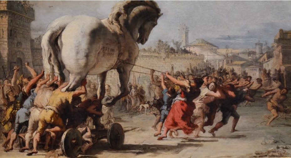 Giovanni Domenico Tiepolo 작품. The Procession of the Trojan Horse into Troy, 1760. 트로이 사람들이 그리스 목마를 도시 안으로 끌고 들어오는 장면. 목마에 따른 재난을 예언한 카산드라(Cassandra)는 병졸들한테 붙잡혀 있다. [출처] 런던 National Gallery 