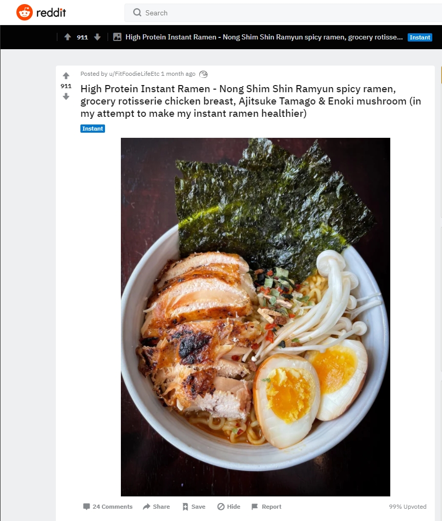 미국 소셜뉴스 웹사이트 Reddit에 올라온 신라면 응용 레시피가 900개가 넘는 추천을 받았다. / 사진제공 = 농심