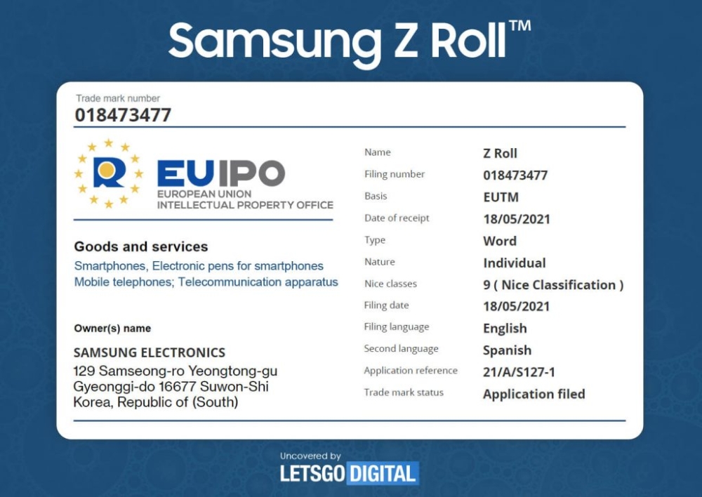 삼성전자가 지난 18일 유럽특허청(EUIPO)에 롤러블폰으로 추정되는 '갤럭시Z 롤' 상표를 출원했다. 사진=렛츠고디지털