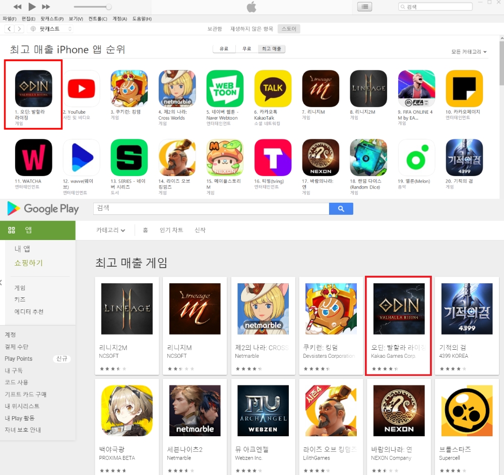카카오게임즈 '오딘'이 애플앱스토어 매출 1위, 구글플레이 매출 5위에 올랐다. 사진=카카오게임즈