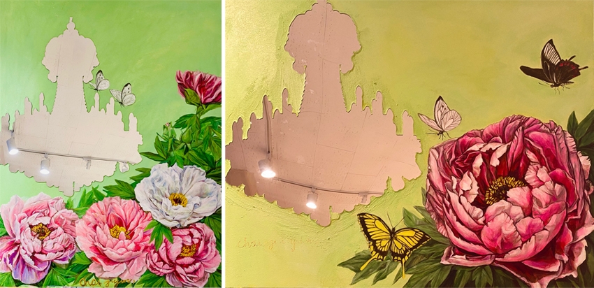 좌)최지인. 행복을주는 그림_화접도. 116.8x91cm. 캔버스에 혼합재료. 2021 우)최지인. 행복을주는 그림_화접도. 100x80.3cm. 캔버스에 혼합재료. 2021