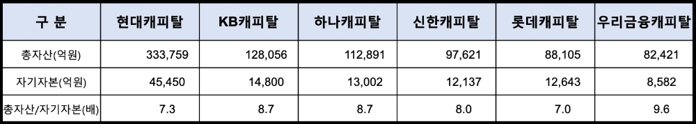 지난 1분기 기준 주요 캐피탈사의 레버리지 배율. /자료=한국기업평가