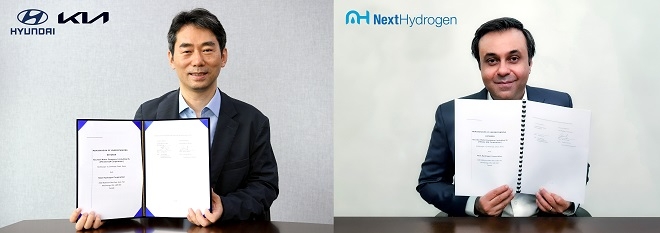 오재혁 현대차·기아 에너지신사업추진실 상무(왼쪽)과 라벨 아프자알 넥스트하이드로젠 CEO.