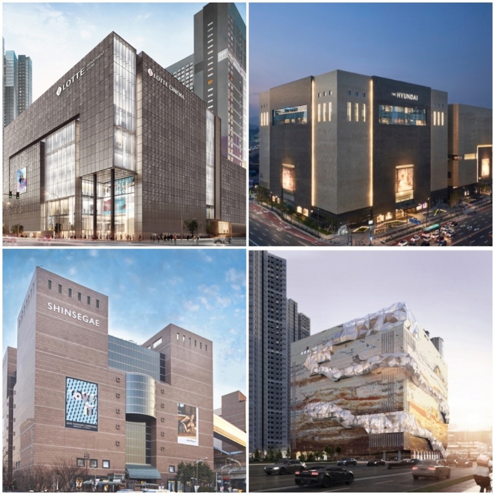 (왼쪽 위 첫번째 사진부터 시계방향으로) 롯데백화점 동탄점, 현대백화점 판교점, 갤러리아백화점 광교점, 신세계백화점 경기점. / 사진제공 = 한국금융신문 DB