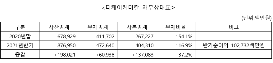 티케이케미칼 재무상태표. / 자료=SM그룹