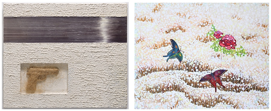 좌) 장백순, 이것은 총이다, 72x60, 한지+麻, 2020우) 조구희,  꿈을 꾸다, 90.9x72.7, oil on canvas, 2021