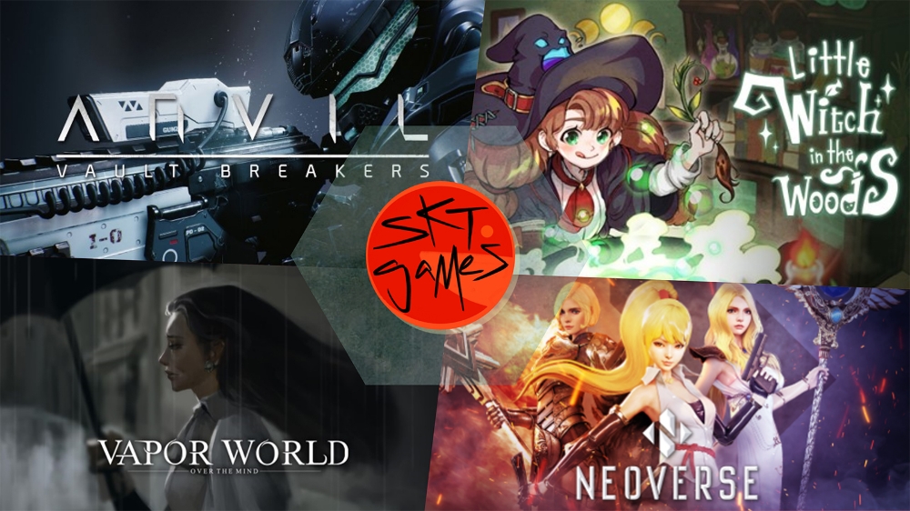 SK텔레콤이 도쿄 게임쇼에서 공개하는 퍼블리싱 게임. (왼쪽부터) 엔빌, 숲속의 작은마녀, 베이퍼 월드, 네오버스. 사진=SK텔레콤