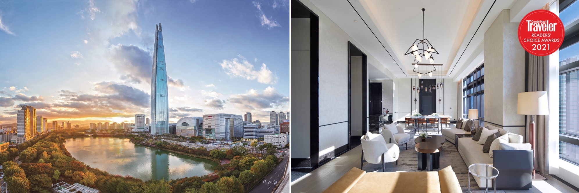 (사진 왼쪽) 시그니엘 서울 전경. 사진제공 = 호텔 롯데 / (사진 오른쪽) 그랜드 인터컨티넨탈 서울 파르나스 내부 전경. 사진제공 = 인터컨티넨탈
