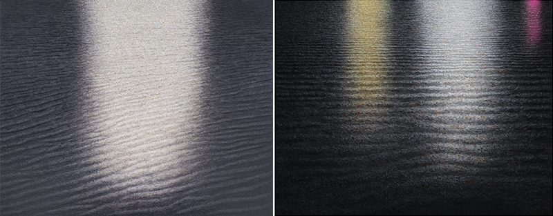 좌) 결(Layer)-IIII, 163x131cm, Paper on Canvas우) Light on flowing river  19-012, 117x91cm  Acrylic and Papero on Canvas, 2019