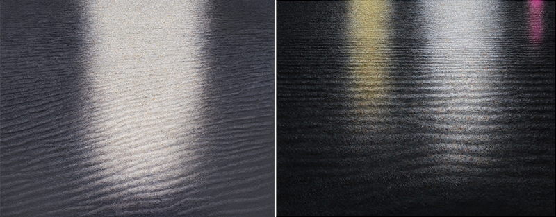 좌) 결(Layer)-IIII, 163x131cm, Paper on Canvas우) Light on flowing river 19-012, 117x91cm Acrylic and Papero on Canvas, 2019