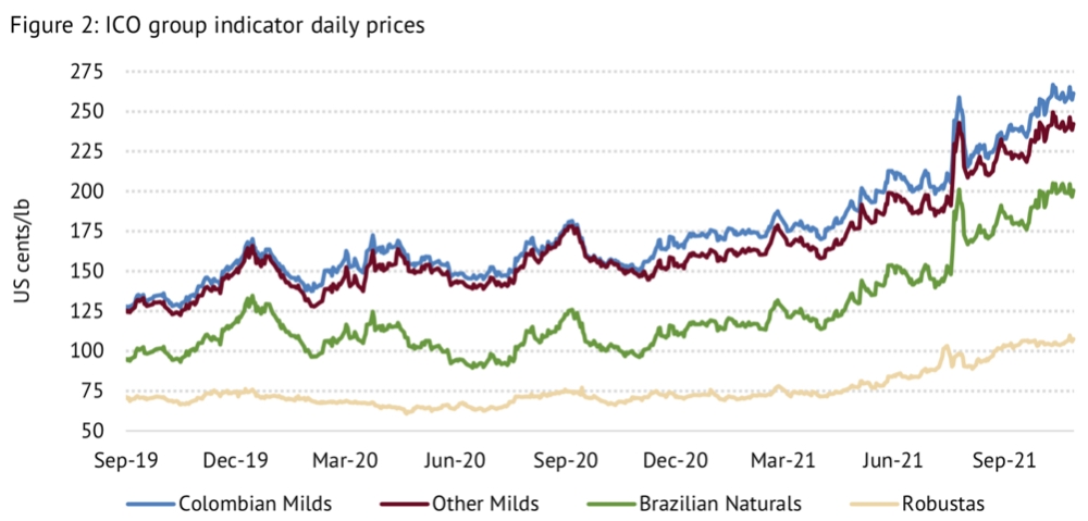 지난해부터 콜롬비아, 브라질 등 원두 생산국의 원두 가격이 지속적으로 오르고 있다./사진제공=국제커피기구 10월 시장 보고서 갈무리
