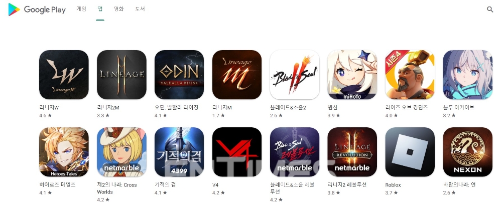 구글플레이 최고 매출 순위. 사진=구글플레이 갈무리