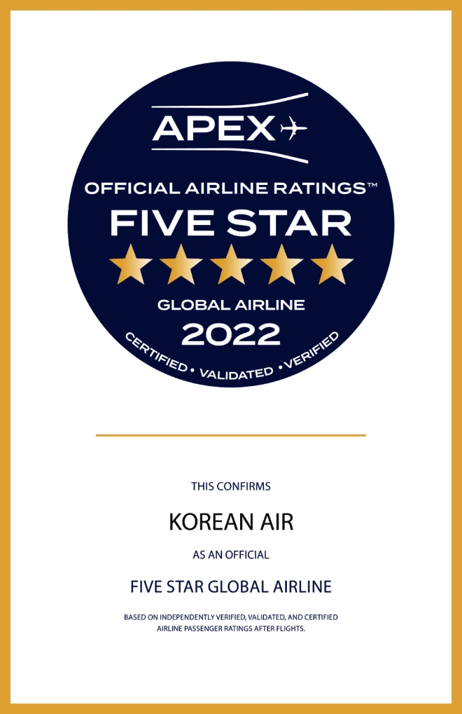 대한항공(회장 조원태)은 ‘APEX’(Airline Passenger Experience Association)의 ‘오피셜 에어라인 레이팅’(Official Airline Ratings) 평가에서 5년 연속 최고 등급인 ‘5성 등급’을 취득했다. 사진=대한항공.