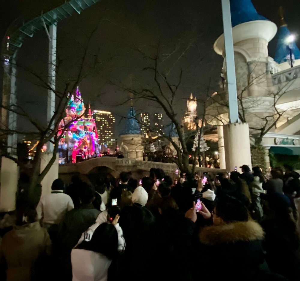 롯데월드 3D 맵핑쇼를 보기 위해 모여있는 사람들./ 사진=홍지인 기자.