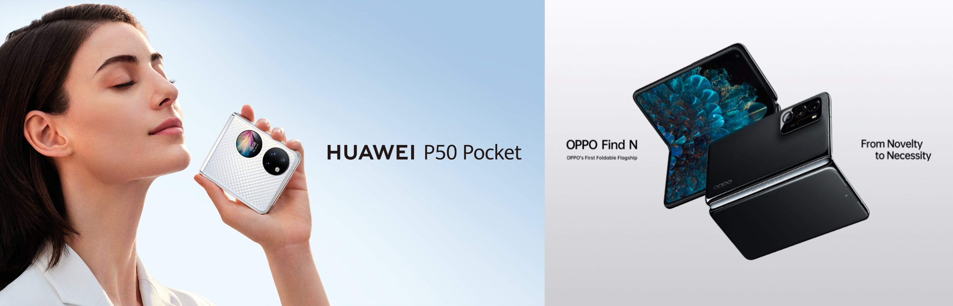 화웨이가 공개한 신형 폴더블폰 'P50 포켓'(왼쪽)과 오포가 공개한 신형 폴더블폰 '파인드N'. 사진=각 사